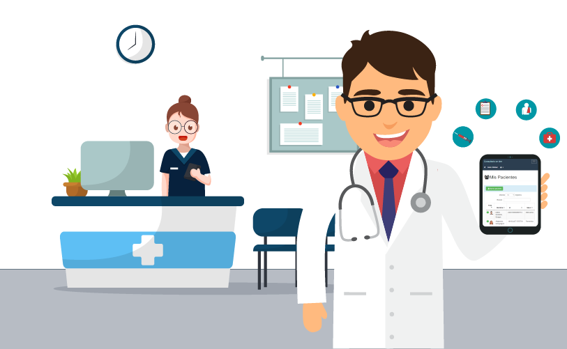 M&eacute;dico y secretaria trabajando con HonduSalud
